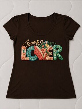 Women’s Brown 'Book Lover' Embroidered Graphic Tee
